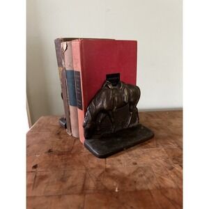 Vintage Pair Cast Iron Bronze Brass Finish Bookends, Saddled Horses 5"